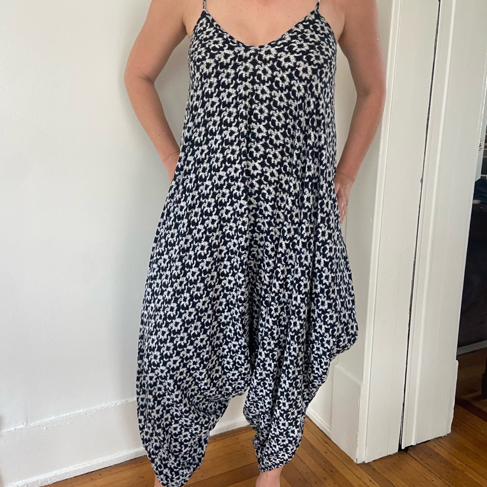 Sans Souci Black and White Bohemian Jumpsuit with Asymmetrical Hem